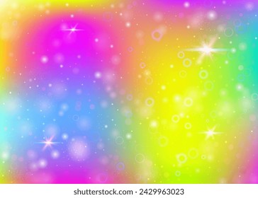 Magic background with rainbow mesh. Girlish universe banner in princess colors. Fantasy gradient backdrop with hologram. Holographic magic background with fairy sparkles, stars and blurs.