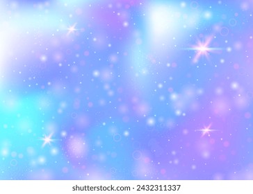 Fondo mágico con malla de arco iris. Banner de universo femenino en colores princesa. Fondo de gradiente de fantasía con holograma. Fondo mágico holográfico con destellos de hadas, estrellas y desenfoques.