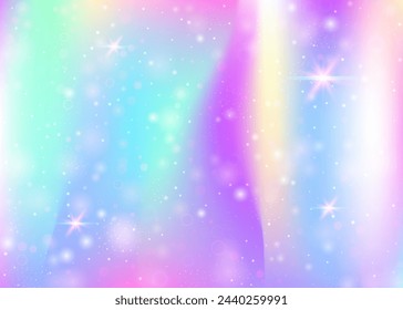 Fondo mágico con malla de arco iris. Banner de universo femenino en colores princesa. Fondo de gradiente de fantasía con holograma. Fondo mágico holográfico con destellos de hadas, estrellas y desenfoques.