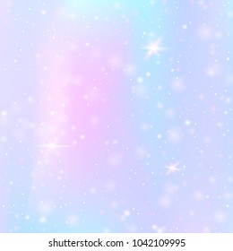 Magic background with rainbow mesh. Kawaii universe banner in princess colors. Fantasy gradient backdrop with hologram. Holographic magic background with fairy sparkles, stars and blurs.