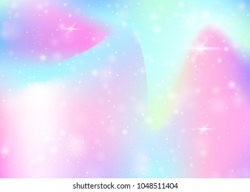 Magic background with rainbow mesh. Kawaii universe banner in princess colors. Fantasy gradient backdrop with hologram. Holographic magic background with fairy sparkles, stars and blurs.
