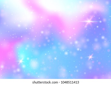 Magic background with rainbow mesh. Kawaii universe banner in princess colors. Fantasy gradient backdrop with hologram. Holographic magic background with fairy sparkles, stars and blurs.