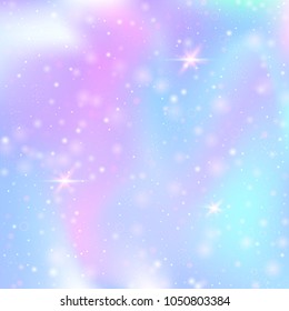 Magic background with rainbow mesh. Kawaii universe banner in princess colors. Fantasy gradient backdrop with hologram. Holographic magic background with fairy sparkles, stars and blurs.