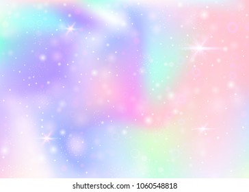 Magic background with rainbow mesh. Kawaii universe banner in princess colors. Fantasy gradient backdrop with hologram. Holographic magic background with fairy sparkles, stars and blurs.