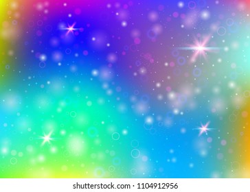 Magic background with rainbow mesh. Kawaii universe banner in princess colors. Fantasy gradient backdrop with hologram. Holographic magic background with fairy sparkles, stars and blurs.