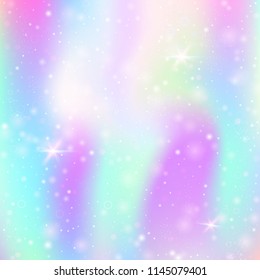 Magic background with rainbow mesh. Kawaii universe banner in princess colors. Fantasy gradient backdrop with hologram. Holographic magic background with fairy sparkles, stars and blurs.