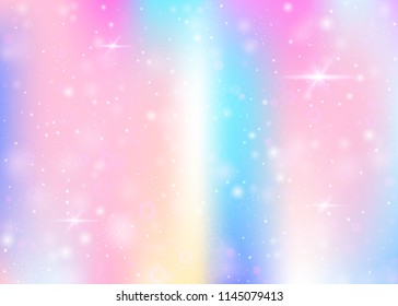 Magic background with rainbow mesh. Kawaii universe banner in princess colors. Fantasy gradient backdrop with hologram. Holographic magic background with fairy sparkles, stars and blurs.