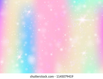 Magic background with rainbow mesh. Kawaii universe banner in princess colors. Fantasy gradient backdrop with hologram. Holographic magic background with fairy sparkles, stars and blurs.