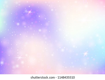 Magic background with rainbow mesh. Kawaii universe banner in princess colors. Fantasy gradient backdrop with hologram. Holographic magic background with fairy sparkles, stars and blurs.