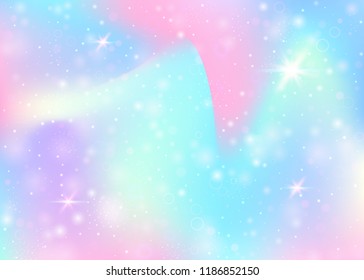 Magic background with rainbow mesh. Kawaii universe banner in princess colors. Fantasy gradient backdrop with hologram. Holographic magic background with fairy sparkles, stars and blurs.