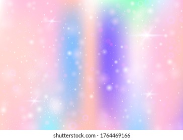 Magic background with rainbow mesh. Kawaii universe banner in princess colors. Fantasy gradient backdrop with hologram. Holographic magic background with fairy sparkles, stars and blurs.