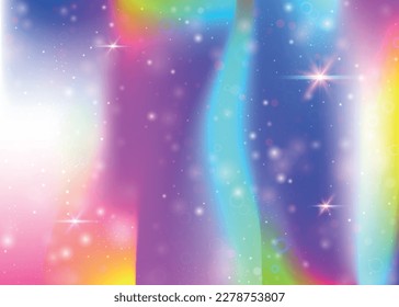 Magic background with rainbow mesh. Kawaii universe banner in princess colors. Fantasy gradient backdrop with hologram. Holographic magic background with fairy sparkles, stars and blurs.