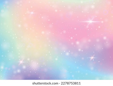 Fondo mágico con malla arco iris. Banner del universo Kawaii en colores princesas. Fondo gradiente de fantasía con holograma. Fondo de magia holográfica con destellos de hadas, estrellas y borrosas.