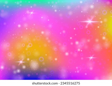 Magic background with rainbow mesh. Kawaii universe banner in princess colors. Fantasy gradient backdrop with hologram. Holographic magic background with fairy sparkles, stars and blurs.