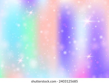 Magic background with rainbow mesh. Kawaii universe banner in princess colors. Fantasy gradient backdrop with hologram. Holographic magic background with fairy sparkles, stars and blurs.