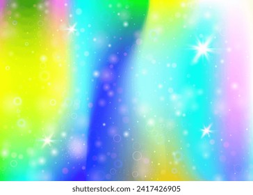 Magic background with rainbow mesh. Kawaii universe banner in princess colors. Fantasy gradient backdrop with hologram. Holographic magic background with fairy sparkles, stars and blurs.