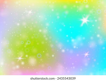 Magic background with rainbow mesh. Kawaii universe banner in princess colors. Fantasy gradient backdrop with hologram. Holographic magic background with fairy sparkles, stars and blurs.