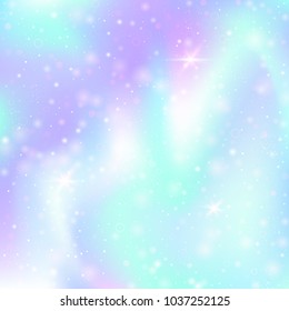 Magic background with rainbow mesh. Liquid universe banner in princess colors. Fantasy gradient backdrop with hologram. Holographic magic background with fairy sparkles, stars and blurs.