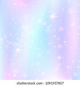 Magic background with rainbow mesh. Liquid universe banner in princess colors. Fantasy gradient backdrop with hologram. Holographic magic background with fairy sparkles, stars and blurs.