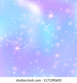 Magic background with rainbow mesh. Liquid universe banner in princess colors. Fantasy gradient backdrop with hologram. Holographic magic background with fairy sparkles, stars and blurs.
