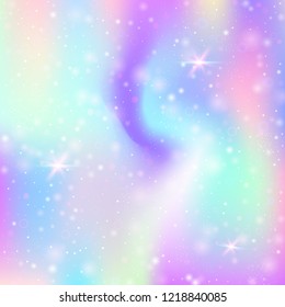 Magic background with rainbow mesh. Liquid universe banner in princess colors. Fantasy gradient backdrop with hologram. Holographic magic background with fairy sparkles, stars and blurs.