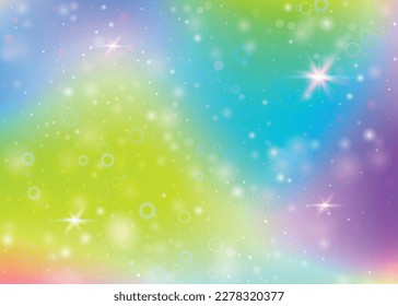 Magic background with rainbow mesh. Liquid universe banner in princess colors. Fantasy gradient backdrop with hologram. Holographic magic background with fairy sparkles, stars and blurs.