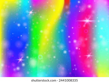 Fondo mágico con malla de arco iris. Banner de universo líquido en colores princesa. Fondo de gradiente de fantasía con holograma. Fondo mágico holográfico con destellos de hadas, estrellas y desenfoques.