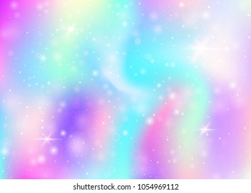 Magic background with rainbow mesh. Multicolor universe banner in princess colors. Fantasy gradient backdrop with hologram. Holographic magic background with fairy sparkles, stars and blurs.