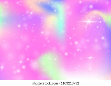 Magic background with rainbow mesh. Multicolor universe banner in princess colors. Fantasy gradient backdrop with hologram. Holographic magic background with fairy sparkles, stars and blurs.