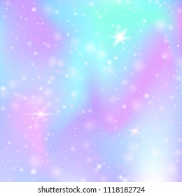 Magic background with rainbow mesh. Multicolor universe banner in princess colors. Fantasy gradient backdrop with hologram. Holographic magic background with fairy sparkles, stars and blurs.