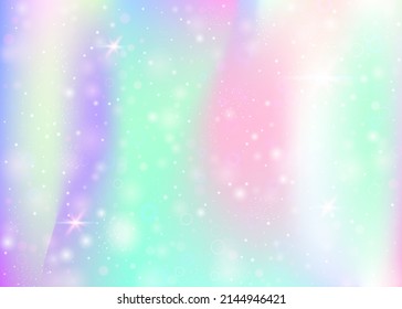 Magic background with rainbow mesh. Multicolor universe banner in princess colors. Fantasy gradient backdrop with hologram. Holographic magic background with fairy sparkles, stars and blurs.