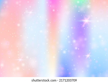 Magic background with rainbow mesh. Multicolor universe banner in princess colors. Fantasy gradient backdrop with hologram. Holographic magic background with fairy sparkles, stars and blurs.