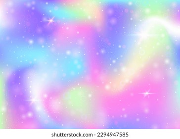 Magic background with rainbow mesh. Multicolor universe banner in princess colors. Fantasy gradient backdrop with hologram. Holographic magic background with fairy sparkles, stars and blurs.