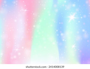 Magic background with rainbow mesh. Multicolor universe banner in princess colors. Fantasy gradient backdrop with hologram. Holographic magic background with fairy sparkles, stars and blurs.