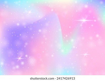 Magic background with rainbow mesh. Multicolor universe banner in princess colors. Fantasy gradient backdrop with hologram. Holographic magic background with fairy sparkles, stars and blurs.
