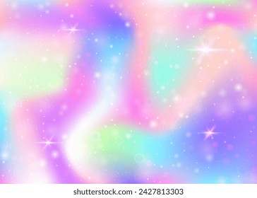 Magic background with rainbow mesh. Multicolor universe banner in princess colors. Fantasy gradient backdrop with hologram. Holographic magic background with fairy sparkles, stars and blurs.