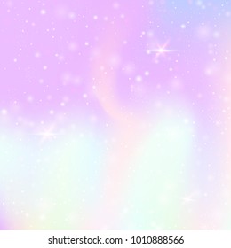 Magic background with rainbow mesh. Mystical universe banner in princess colors. Fantasy gradient backdrop with hologram. Holographic magic background with fairy sparkles, stars and blurs.