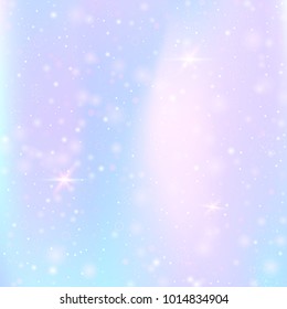 Magic background with rainbow mesh. Mystical universe banner in princess colors. Fantasy gradient backdrop with hologram. Holographic magic background with fairy sparkles, stars and blurs.