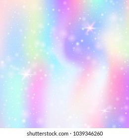 Magic background with rainbow mesh. Mystical universe banner in princess colors. Fantasy gradient backdrop with hologram. Holographic magic background with fairy sparkles, stars and blurs.
