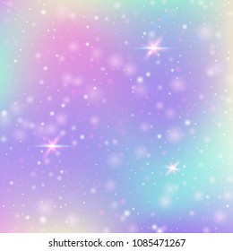 Fondo mágico con malla de arco iris. Anuncio de universo místico en colores princesa. Fondo de gradiente de fantasía con holograma. Fondo mágico holográfico con destellos de hadas, estrellas y desenfoque.