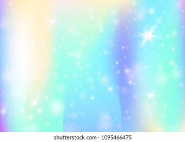 Magic background with rainbow mesh. Mystical universe banner in princess colors. Fantasy gradient backdrop with hologram. Holographic magic background with fairy sparkles, stars and blurs.