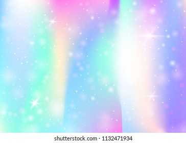 Magic background with rainbow mesh. Mystical universe banner in princess colors. Fantasy gradient backdrop with hologram. Holographic magic background with fairy sparkles, stars and blurs.