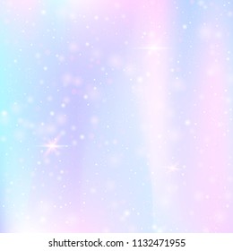 Magic background with rainbow mesh. Mystical universe banner in princess colors. Fantasy gradient backdrop with hologram. Holographic magic background with fairy sparkles, stars and blurs.