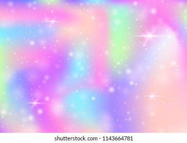 Magic background with rainbow mesh. Mystical universe banner in princess colors. Fantasy gradient backdrop with hologram. Holographic magic background with fairy sparkles, stars and blurs.