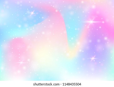 Magic background with rainbow mesh. Mystical universe banner in princess colors. Fantasy gradient backdrop with hologram. Holographic magic background with fairy sparkles, stars and blurs.