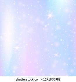 Magic background with rainbow mesh. Mystical universe banner in princess colors. Fantasy gradient backdrop with hologram. Holographic magic background with fairy sparkles, stars and blurs.