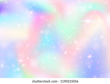 Magic background with rainbow mesh. Mystical universe banner in princess colors. Fantasy gradient backdrop with hologram. Holographic magic background with fairy sparkles, stars and blurs.