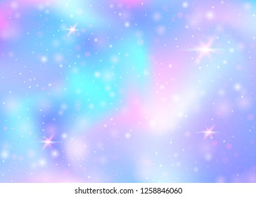Fondo mágico con malla arco iris. Cartel místico del universo en colores princesas. Fondo degradado de fantasía con holograma. Fondo de magia holográfica con chispas, estrellas y borrosas.