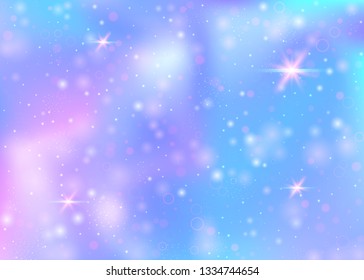 Magic background with rainbow mesh. Mystical universe banner in princess colors. Fantasy gradient backdrop with hologram. Holographic magic background with fairy sparkles, stars and blurs.
