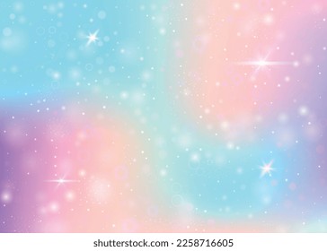 Magic background with rainbow mesh. Mystical universe banner in princess colors. Fantasy gradient backdrop with hologram. Holographic magic background with fairy sparkles, stars and blurs.
